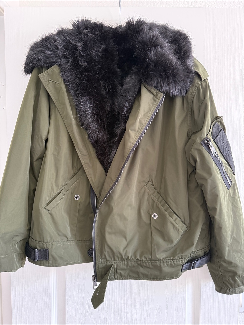 Zadig & Voltaire Olive Green Bomber Jacket with Black Faux Fur Collar